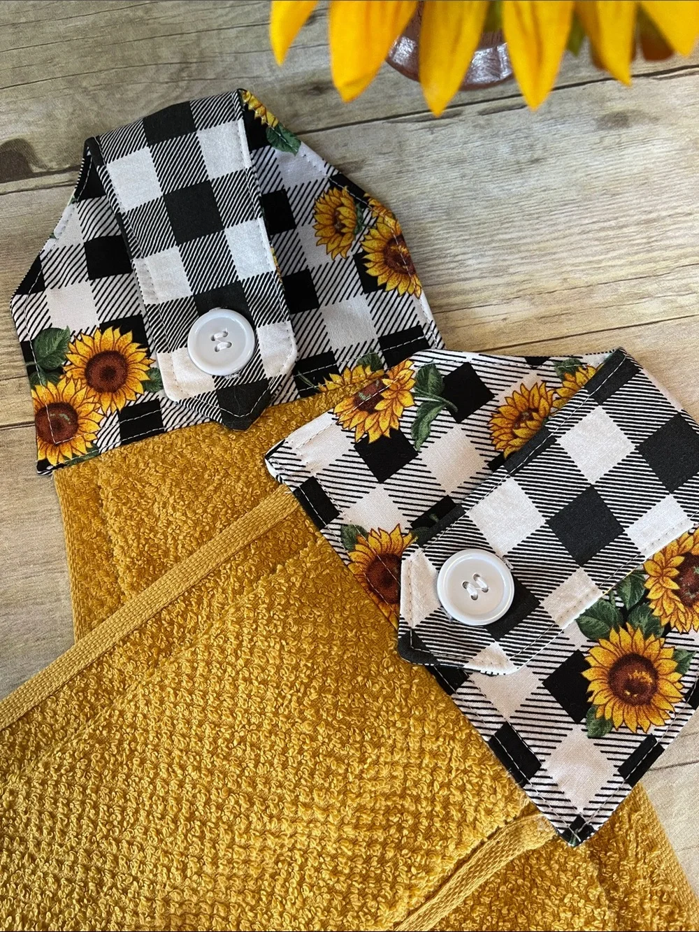Sunflower Buffalo Check Button-Top Sewn Kitchen Hanging Towels Set of Two